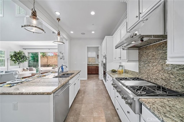 53 Interlude, Irvine, CA 92620 - kitchen featuring appliances with stainless steel finishes, under cabinet range hood, white cabinetry, backsplash, and light tile patterned floors