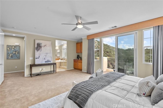 24912 Hearth Ct, Valencia, CA 91354 - bedroom with access to outside, ornamental molding, multiple windows, light colored carpet, and ensuite bath