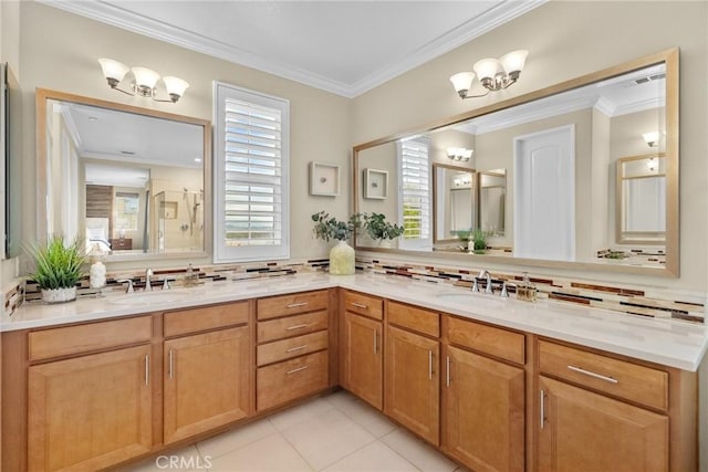 24912 Hearth Ct, Valencia, CA 91354 - bathroom with decorative backsplash, double vanity, crown molding, and tile patterned flooring