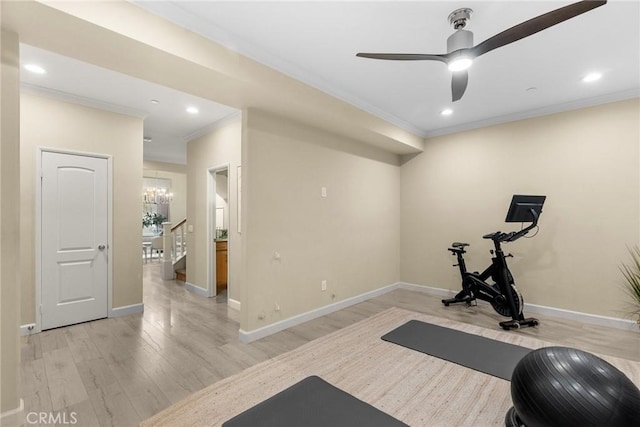 24912 Hearth Ct, Valencia, CA 91354 - exercise area with crown molding, light wood finished floors, recessed lighting, a chandelier, and ceiling fan