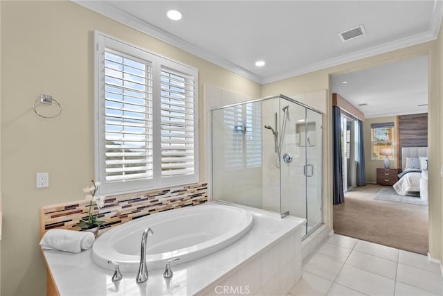 24912 Hearth Ct, Valencia, CA 91354 - bathroom featuring a bath, a stall shower, tile patterned floors, connected bathroom, and recessed lighting