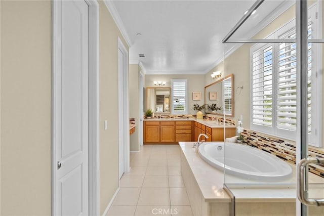 24912 Hearth Ct, Valencia, CA 91354 - full bath with vanity, a bath, ornamental molding, and tile patterned flooring