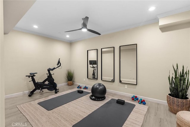 24912 Hearth Ct, Valencia, CA 91354 - workout room featuring ceiling fan, wood finished floors, recessed lighting, and ornamental molding