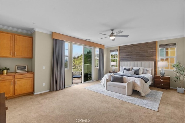 24912 Hearth Ct, Valencia, CA 91354 - bedroom featuring access to exterior, light carpet, ornamental molding, and a ceiling fan