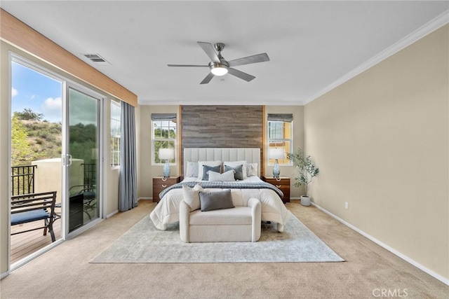 24912 Hearth Ct, Valencia, CA 91354 - bedroom featuring access to outside, carpet, crown molding, and ceiling fan