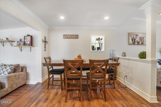 429 Walter Ave, Newbury Park, CA 91320 - dining space with wood finished floors, ornamental molding, ornate columns, and recessed lighting