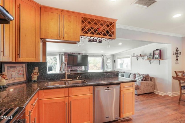 429 Walter Ave, Newbury Park, CA 91320 - kitchen featuring stainless steel dishwasher, crown molding, light wood-type flooring, open floor plan, and dark stone counters