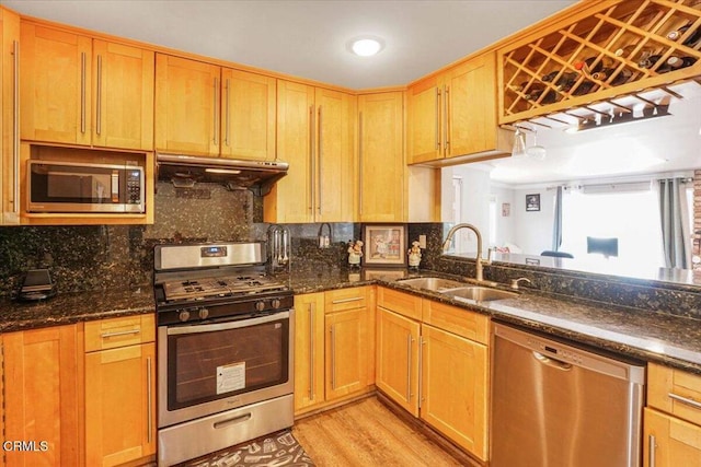 429 Walter Ave, Newbury Park, CA 91320 - kitchen with stainless steel appliances, under cabinet range hood, dark stone counters, and light wood-type flooring
