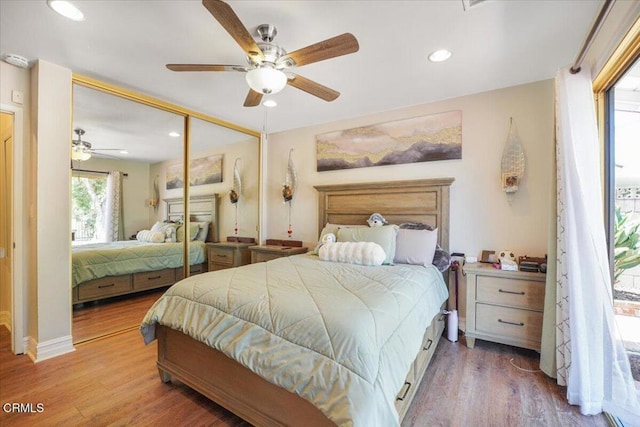 429 Walter Ave, Newbury Park, CA 91320 - bedroom with wood finished floors, a closet, recessed lighting, and a ceiling fan