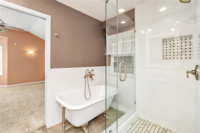 9425 Oak Hills Ave, Bakersfield, CA 93312 - bathroom with a stall shower, a soaking tub, recessed lighting, and ceiling fan