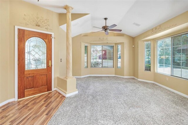 9425 Oak Hills Ave, Bakersfield, CA 93312 - foyer entrance featuring decorative columns, plenty of natural light, lofted ceiling, and ceiling fan