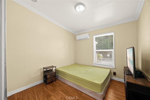 13162 Oaks Ave, Chino, CA 91710 - bedroom with ornamental molding, wood finished floors, and an AC wall unit