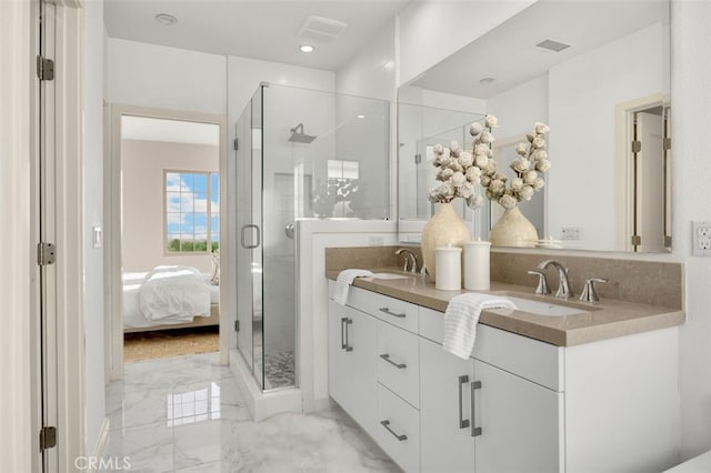 100 Soaring Eagle, Irvine, CA 92618 - ensuite bathroom with marble tiled floors, double vanity, and a stall shower
