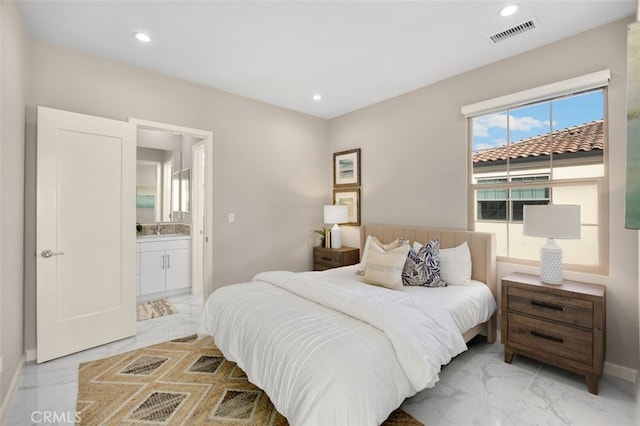100 Soaring Eagle, Irvine, CA 92618 - bedroom featuring light marble finish flooring, recessed lighting, and ensuite bath