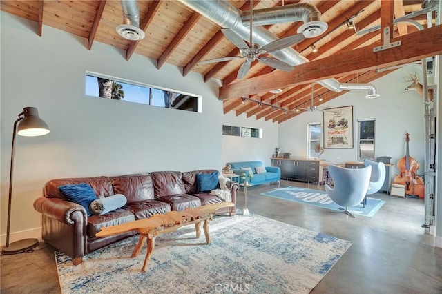 3163 Inclinado, San Clemente, CA 92673 - living area with a wooden ceiling with exposed beams, concrete flooring, high vaulted ceiling, and a ceiling fan
