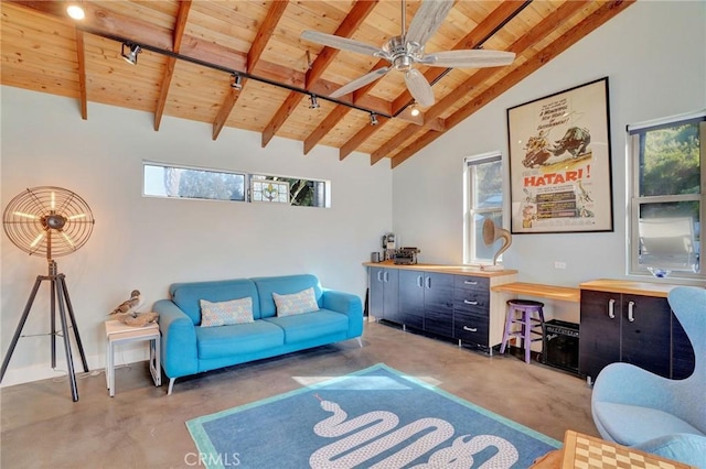 3163 Inclinado, San Clemente, CA 92673 - living area with wood ceiling, finished concrete flooring, rail lighting, and a ceiling fan