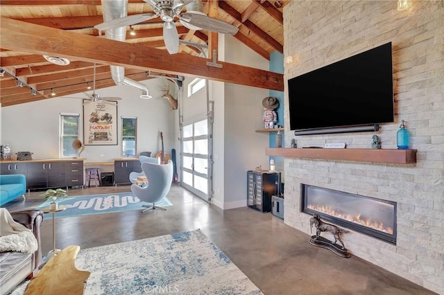 3163 Inclinado, San Clemente, CA 92673 - living area featuring ceiling fan, concrete flooring, wood ceiling, and a fireplace