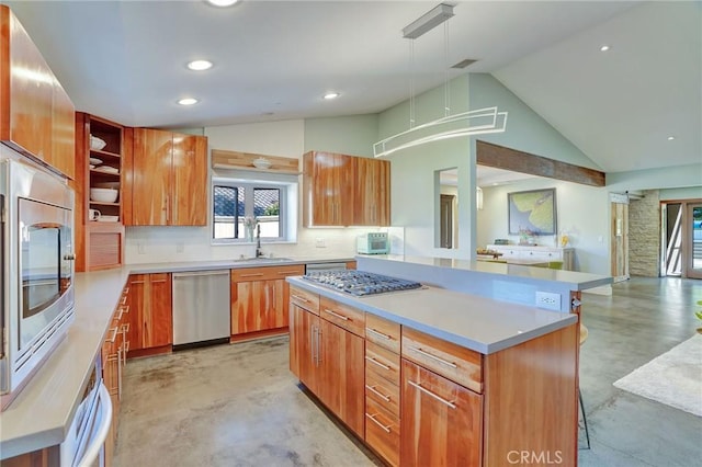 3163 Inclinado, San Clemente, CA 92673 - kitchen with stainless steel appliances, concrete floors, a kitchen island, open shelves, and light countertops