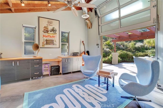 3163 Inclinado, San Clemente, CA 92673 - sitting room with concrete floors, a wood ceiling with exposed beams, a ceiling fan, and high vaulted ceiling