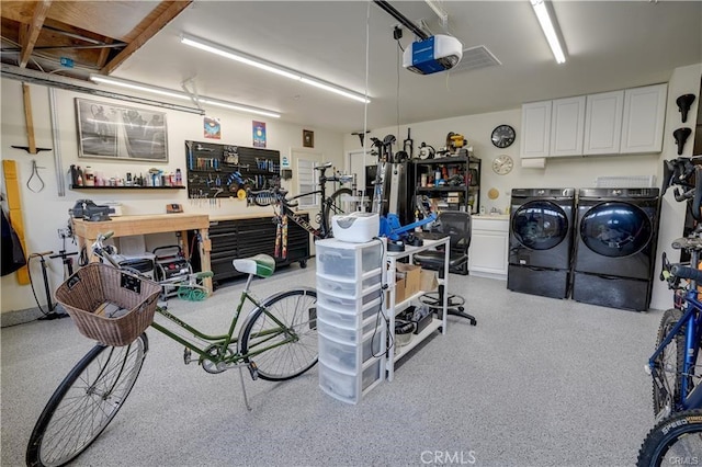 3163 Inclinado, San Clemente, CA 92673 - garage featuring separate washer and dryer, a workshop area, and a garage door opener