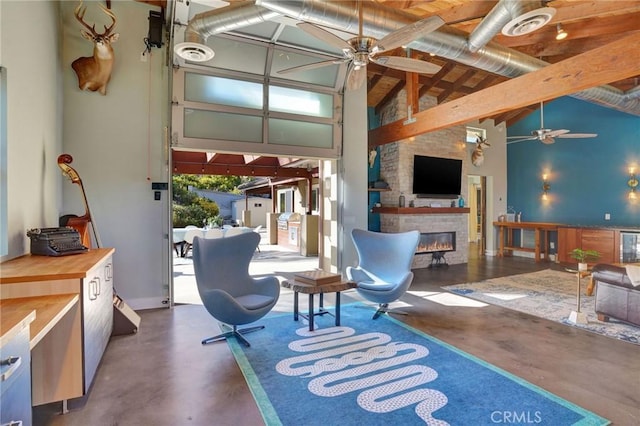 3163 Inclinado, San Clemente, CA 92673 - living area with ceiling fan, concrete flooring, high vaulted ceiling, a stone fireplace, and beamed ceiling