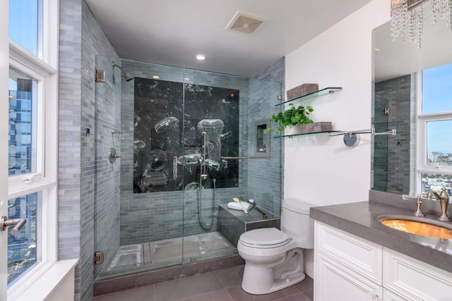 1325 Pacific Hwy Unit 3403, San Diego, CA 92101 - bathroom with tile patterned flooring, vanity, a stall shower, and recessed lighting