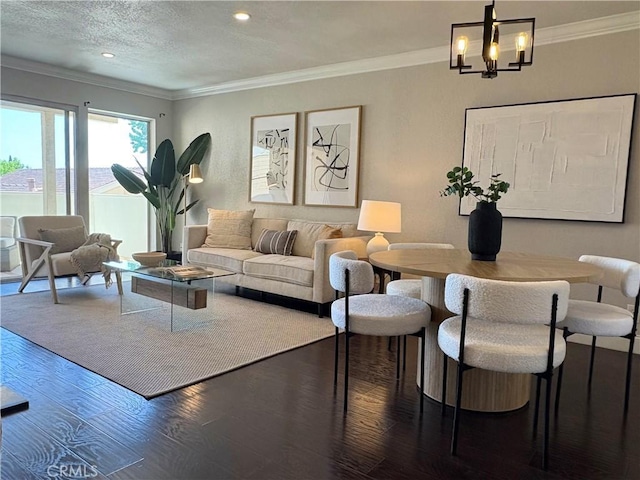 3845 Farquhar Ave Unit 212, Los Alamitos, CA 90720 - living area with crown molding, wood finished floors, a chandelier, recessed lighting, and a textured ceiling