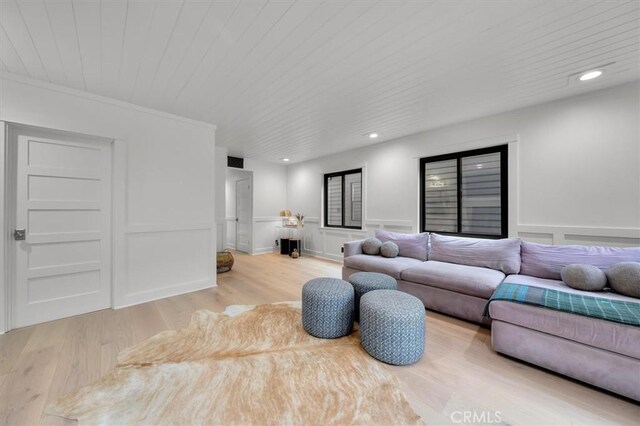 1012 10th St, Manhattan Beach, CA 90266 - living area with wood finished floors, wainscoting, a decorative wall, recessed lighting, and wooden ceiling
