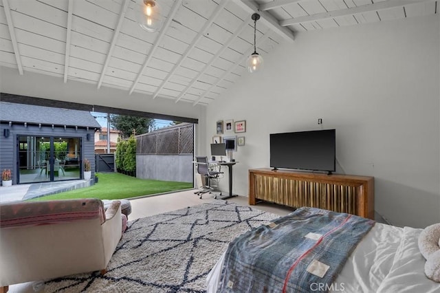 1012 10th St, Manhattan Beach, CA 90266 - living area featuring a wooden ceiling with exposed beams and high vaulted ceiling