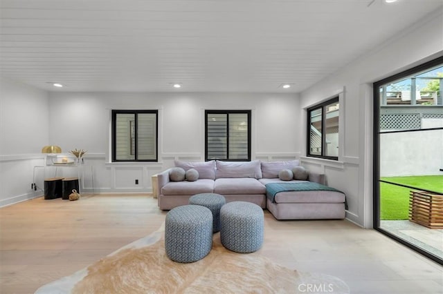 1012 10th St, Manhattan Beach, CA 90266 - living room with wood finished floors, wainscoting, a decorative wall, and recessed lighting