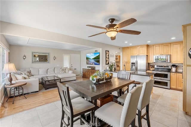10270 Durango River Ct, Fountain Valley, CA 92708 - dining room with light tile patterned floors, ceiling fan, and recessed lighting