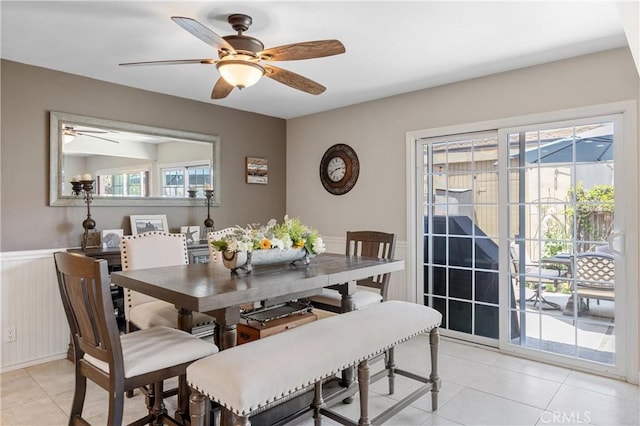 10270 Durango River Ct, Fountain Valley, CA 92708 - dining space featuring ceiling fan, light tile patterned floors, plenty of natural light, and a wainscoted wall