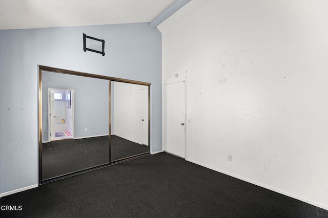 14134 Orizaba Ave, Paramount, CA 90723 - unfurnished bedroom with high vaulted ceiling, a closet, and beamed ceiling