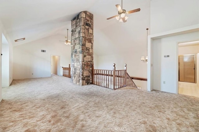 29801 Maxine Ln, Menifee, CA 92584 - carpeted empty room with ceiling fan, high vaulted ceiling, and decorative columns