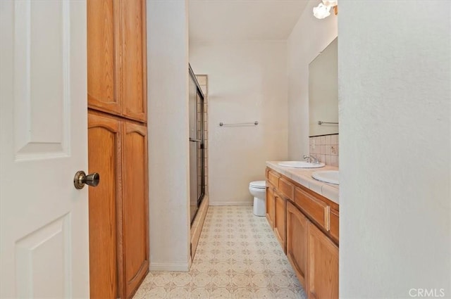29801 Maxine Ln, Menifee, CA 92584 - full bathroom featuring tile patterned floors, a stall shower, double vanity, and backsplash