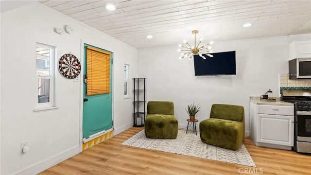 3209 Bennett Dr, Los Angeles, CA 90068 - living area with wood ceiling, light wood-type flooring, a chandelier, and recessed lighting