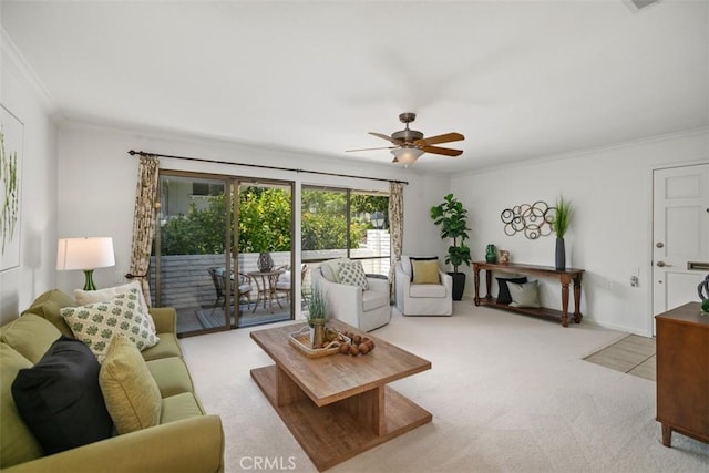 933 Avenida Majorca Unit P, Laguna Woods, CA 92637 - living room featuring carpet flooring, ornamental molding, and a ceiling fan
