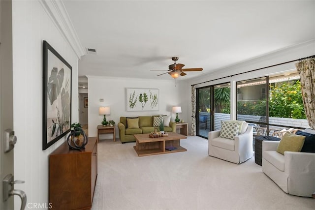 933 Avenida Majorca Unit P, Laguna Woods, CA 92637 - carpeted living room with ornamental molding and ceiling fan