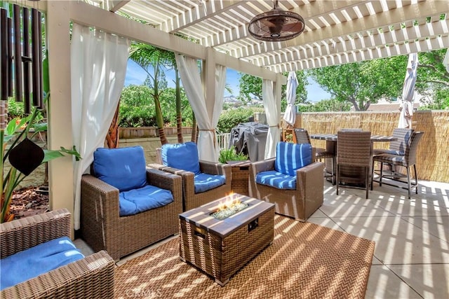 33081 Regatta Ct, San Juan Capistrano, CA 92675 - fenced backyard featuring a pergola, a patio, outdoor dining space, an outdoor living space with a fire pit, and a ceiling fan