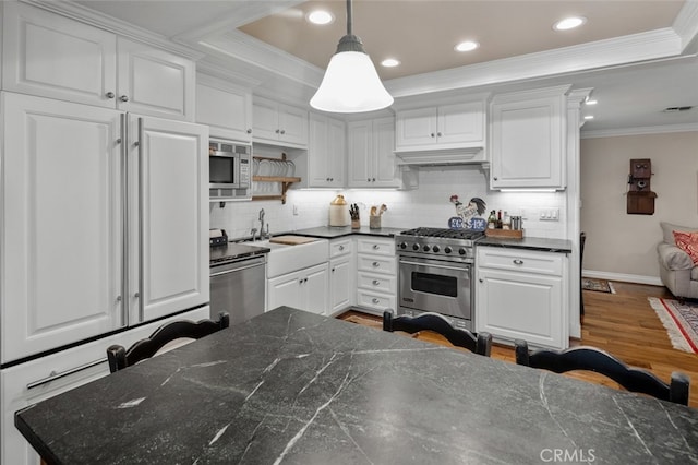 21761 Tahoe Ln, Lake Forest, CA 92630 - kitchen featuring stainless steel appliances, crown molding, white cabinetry, backsplash, and a raised ceiling