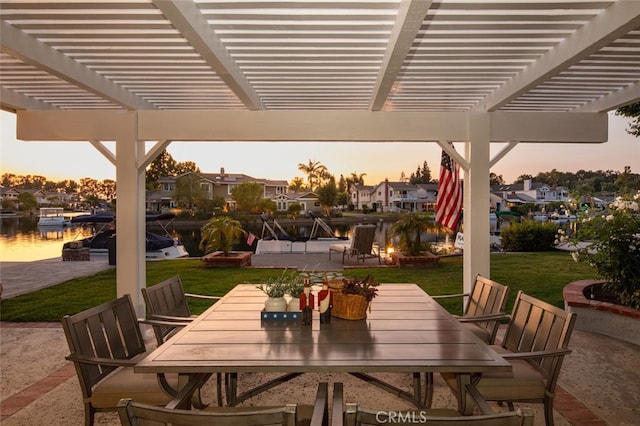 21761 Tahoe Ln, Lake Forest, CA 92630 - patio terrace at dusk featuring outdoor dining area, a yard, a residential view, and a pergola