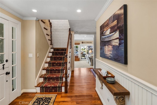 21761 Tahoe Ln, Lake Forest, CA 92630 - entryway with french doors, stairs, ornamental molding, wood finished floors, and recessed lighting