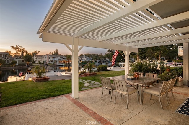 21761 Tahoe Ln, Lake Forest, CA 92630 - view of patio featuring a water view, a pergola, outdoor dining space, and a residential view