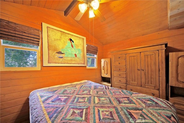 22052 Elliot Rd, Cedarpines Park, CA 92322 - bedroom with wood walls, multiple windows, wooden ceiling, and ceiling fan