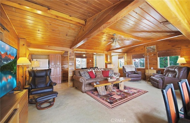22052 Elliot Rd, Cedarpines Park, CA 92322 - carpeted living area with wood walls, a ceiling fan, and wooden ceiling