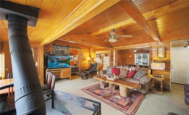 22052 Elliot Rd, Cedarpines Park, CA 92322 - living room featuring wood walls, carpet flooring, wooden ceiling, and ceiling fan