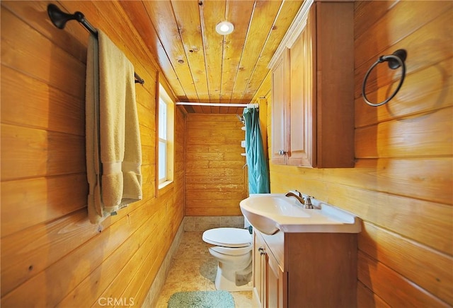 22052 Elliot Rd, Cedarpines Park, CA 92322 - bathroom featuring wooden walls, wood ceiling, and vanity