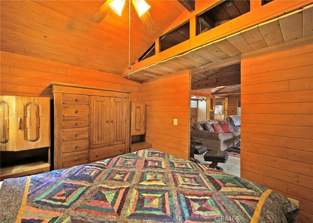 22052 Elliot Rd, Cedarpines Park, CA 92322 - bedroom with wooden walls, wood ceiling, vaulted ceiling, and carpet flooring