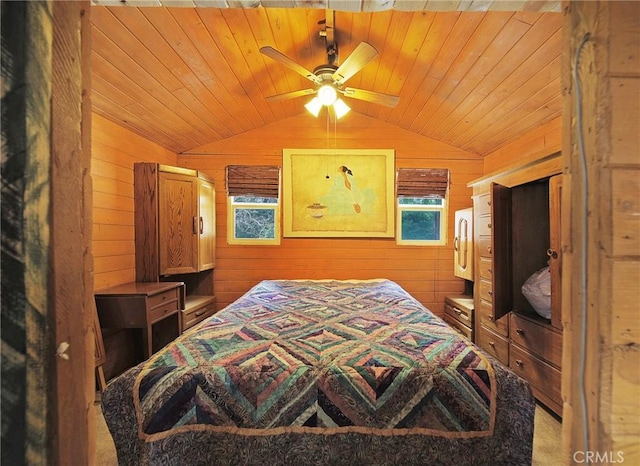 22052 Elliot Rd, Cedarpines Park, CA 92322 - carpeted bedroom with vaulted ceiling, wooden walls, multiple windows, wooden ceiling, and a ceiling fan