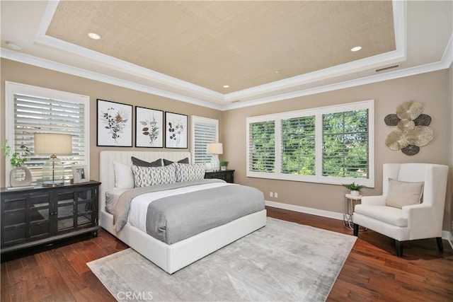32 Tesoro, Irvine, CA 92618 - bedroom with a raised ceiling, multiple windows, dark wood-style floors, crown molding, and recessed lighting
